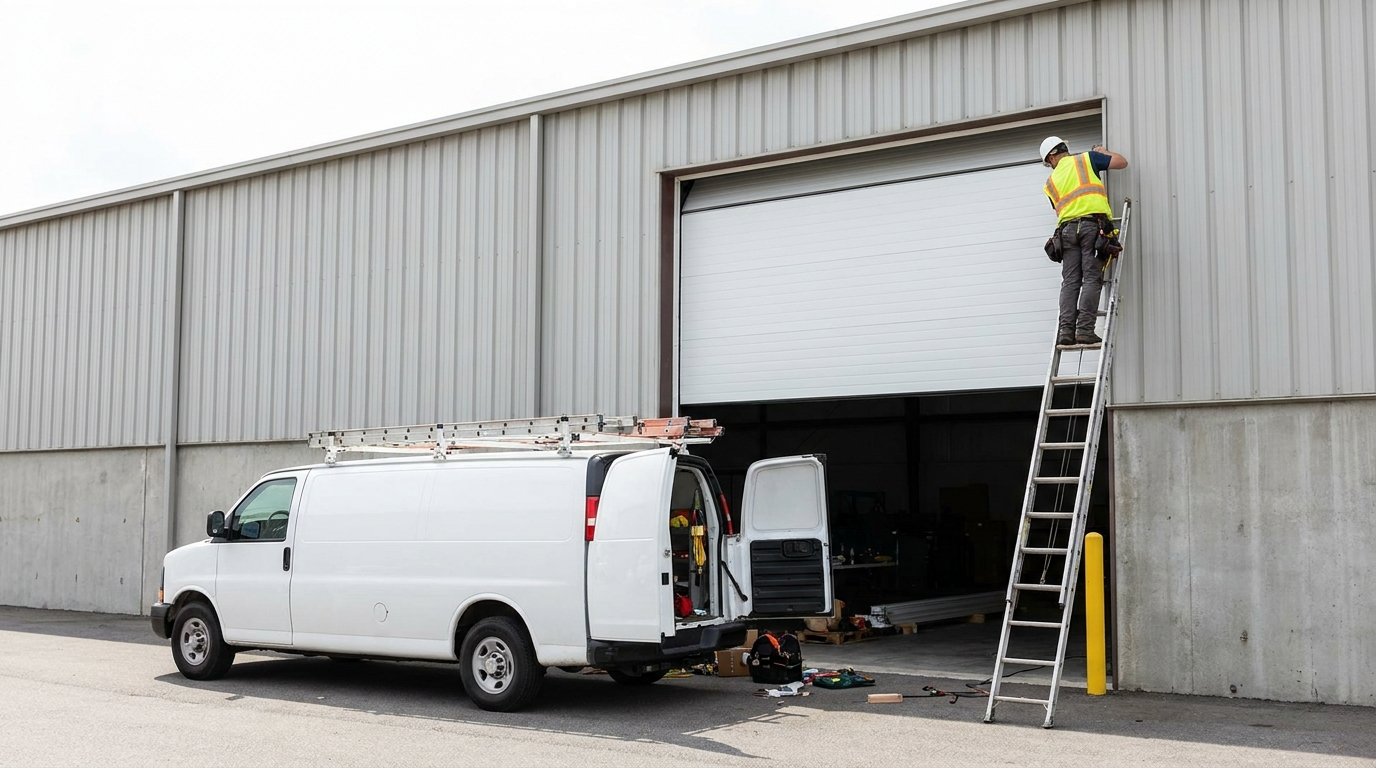 Professional garage door installation showing technician installing new residential garage door